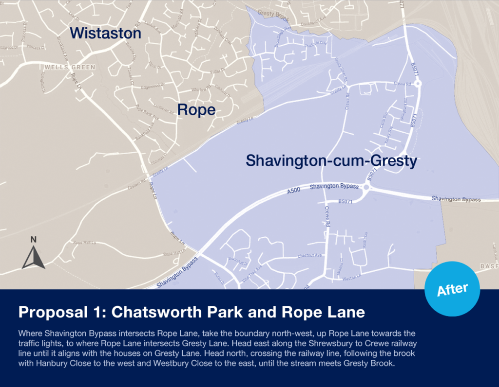 Images shown proposal for boundary in Chatsworth Park and Rope lane. This moves all of Brook Farm and associated buildings, and Rope Green Farm, into Shavington-cum- Gresty Parish, and moves Rutter Close, Williams Drive and Ellis Close into Shavington-cum-Gresty Parish.
