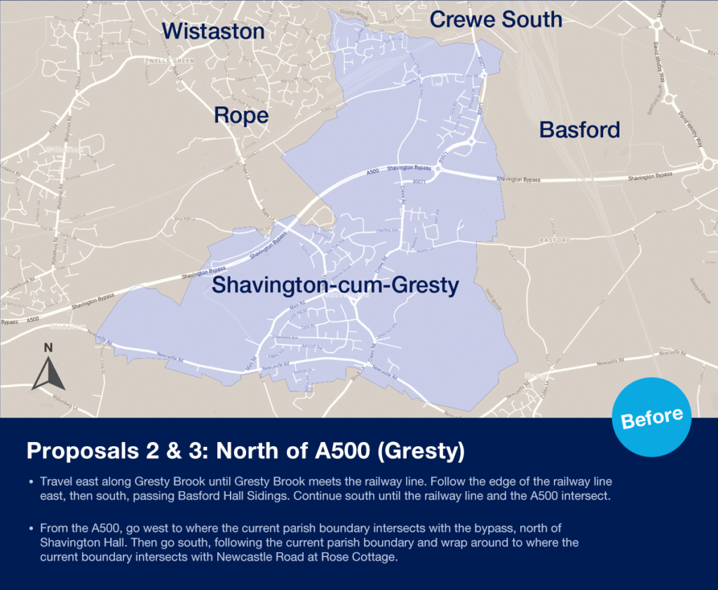 Map of Shavington-cum-Gresty Cheshire East proposal for boundary changes.