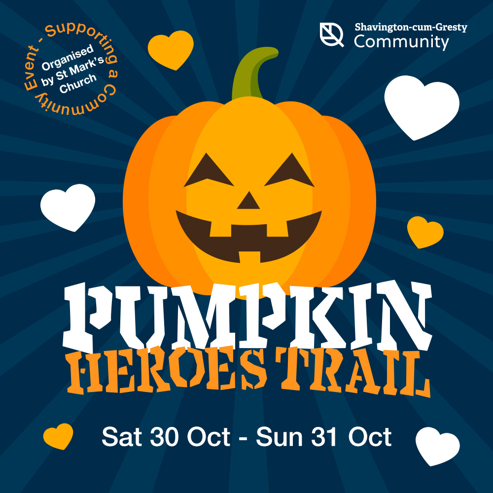 A happy pumpkin surrounded by hearts