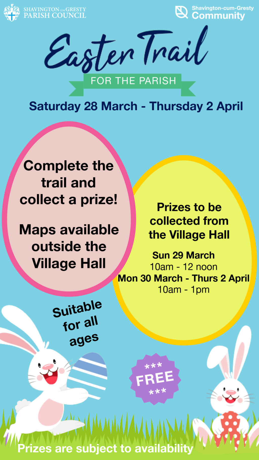Poster advertising the free Shavington‑cum‑Gresty Easter Trail running from 28 March to 2 April. It includes bright Easter graphics and explains that participants follow a trail, solve clues, and return completed sheets to the Parish Council Office during listed collection times to receive a prize.